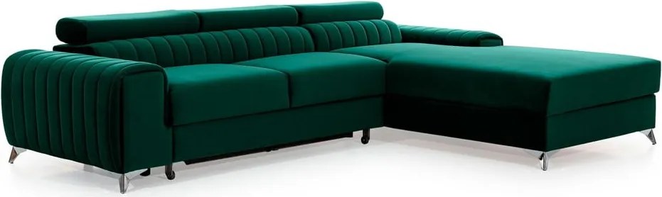 Colțar verde extensibil/cu spațiu de depozitare cu tapițerie din catifea (cu colț pe partea dreaptă/cu șezlong) Grayson – ELTAP