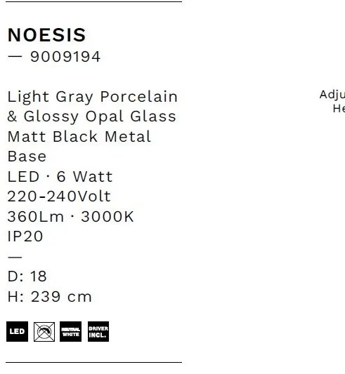 Pendul LED decorativ portelan gri deschis, sticla alb, NOESIS