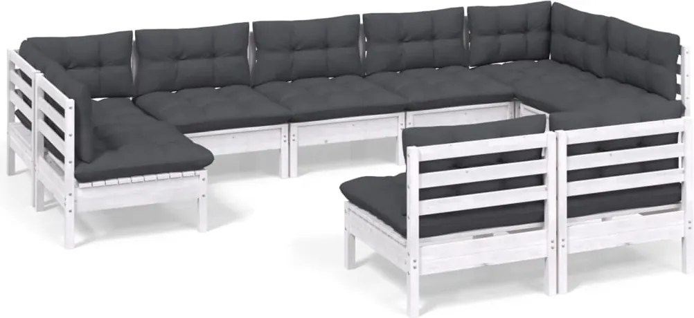 vidaXL Set mobilier grădină cu perne, 9 piese, alb, lemn masiv pin