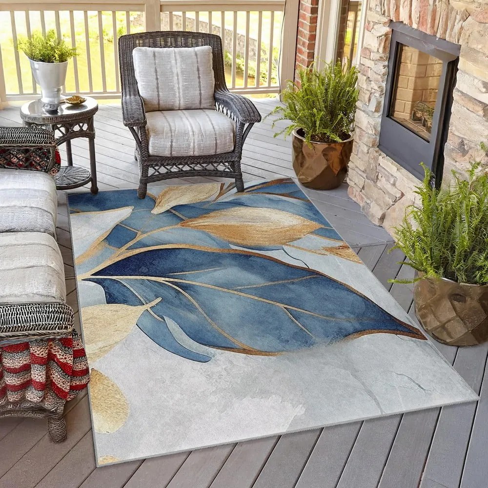 Covor tip traversă albastru/auriu lavabil 80x200 cm Golden Leaves – Mila Home