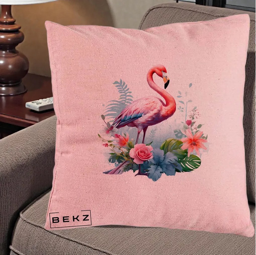 Perna Decorativa Flamingo cu Flori Tropicale Acuarela, 40x40 cm, Roz, Husa Detasabila, Perna Inclusa, BEKZ®
