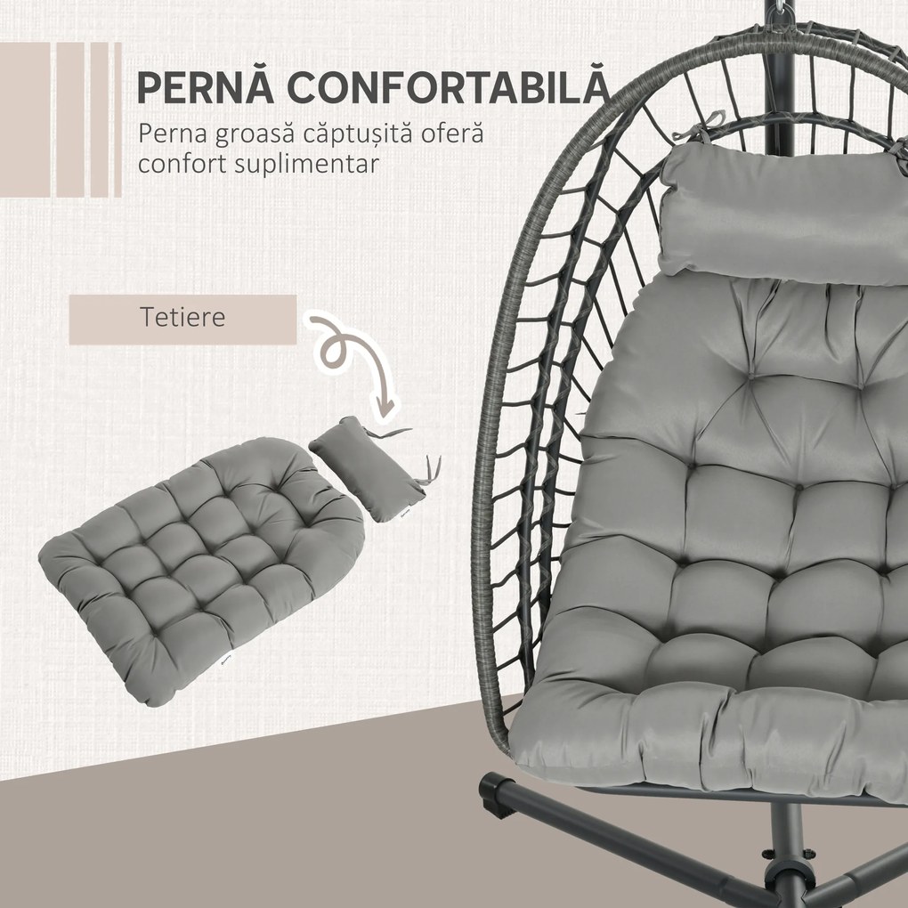 Outsunny Scaun Balansoar pentru Exterior cu Pernă Căptușită, Scaun Suspendat cu Coș Pliabil și Suport Metalic, 100x131x194 cm, Gri | Aosom Romania