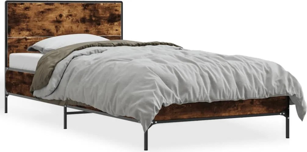 vidaXL Cadru de pat, stejar fumuriu 100x200 cm lemn prelucrat și metal
