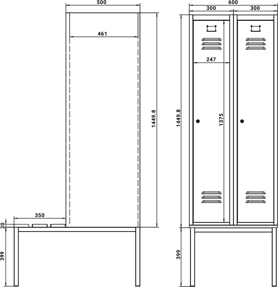 Dulap metalic cu bancheta, 60 x 85 x 185 cm, incuietoare cu cilindru, rosu - RAL 3000