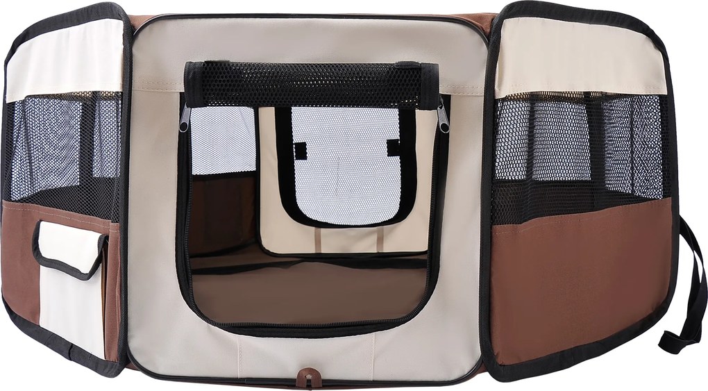 PawHut Parc pliabil pentru câine pisică animale mici octogonal din țesătură Oxford și oțel Ø 90 x 41H cm maro bej | Aosom Romania