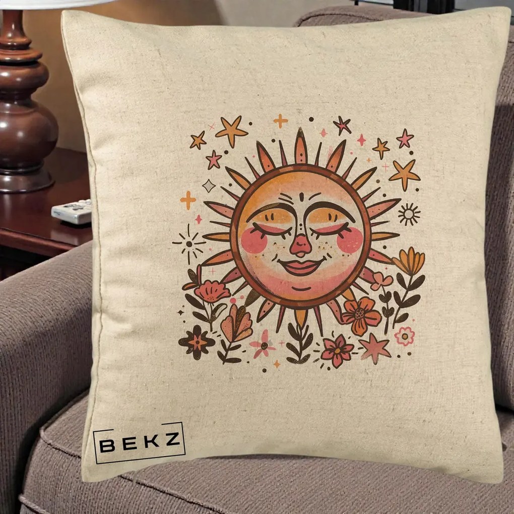 Perna Decorativa Soare Retro Boho Floral, 40x40 cm, Bej, Husa Detasabila, Perna Inclusa, BEKZ®