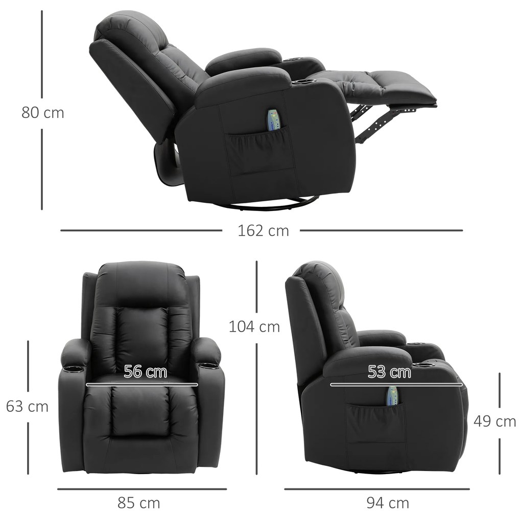 Fotoliu de masaj cu încălzire de relaxare HOMCOM, înclinabil 150° din piele artificială cu 8 puncte masaj, telecomandă 85x94x104cm negru | Aosom RO