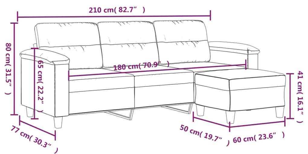 Canapea cu 3 locuri si taburet, crem, 180 cm, microfibra Crem, 210 x 77 x 80 cm