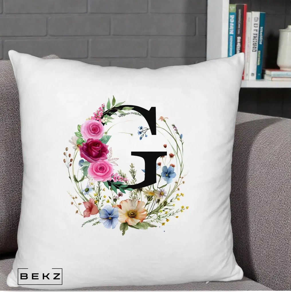 Cadou Personalizat - Perna Personalizata Monogram Litera G cu Flori Acuarela, 40x40 cm, Alb Pufos, Husa Detasabila, Perna Inclusa, BEKZ®