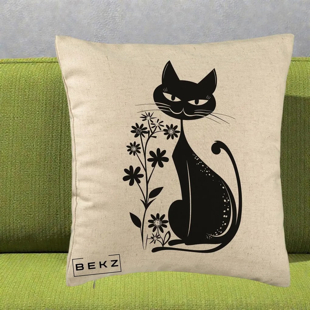 Perna Decorativa Pisica Neagra Grafica Minimalista, 40x40 cm, Bej, Husa Detasabila, Perna Inclusa, BEKZ®