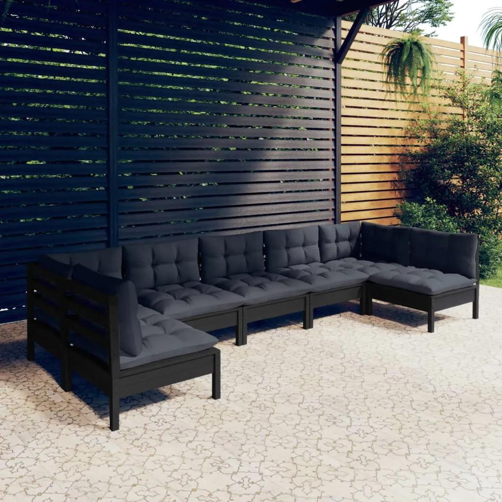 3097167 vidaXL Set mobilier grădină cu perne, 7 piese, negru, lemn masiv pin