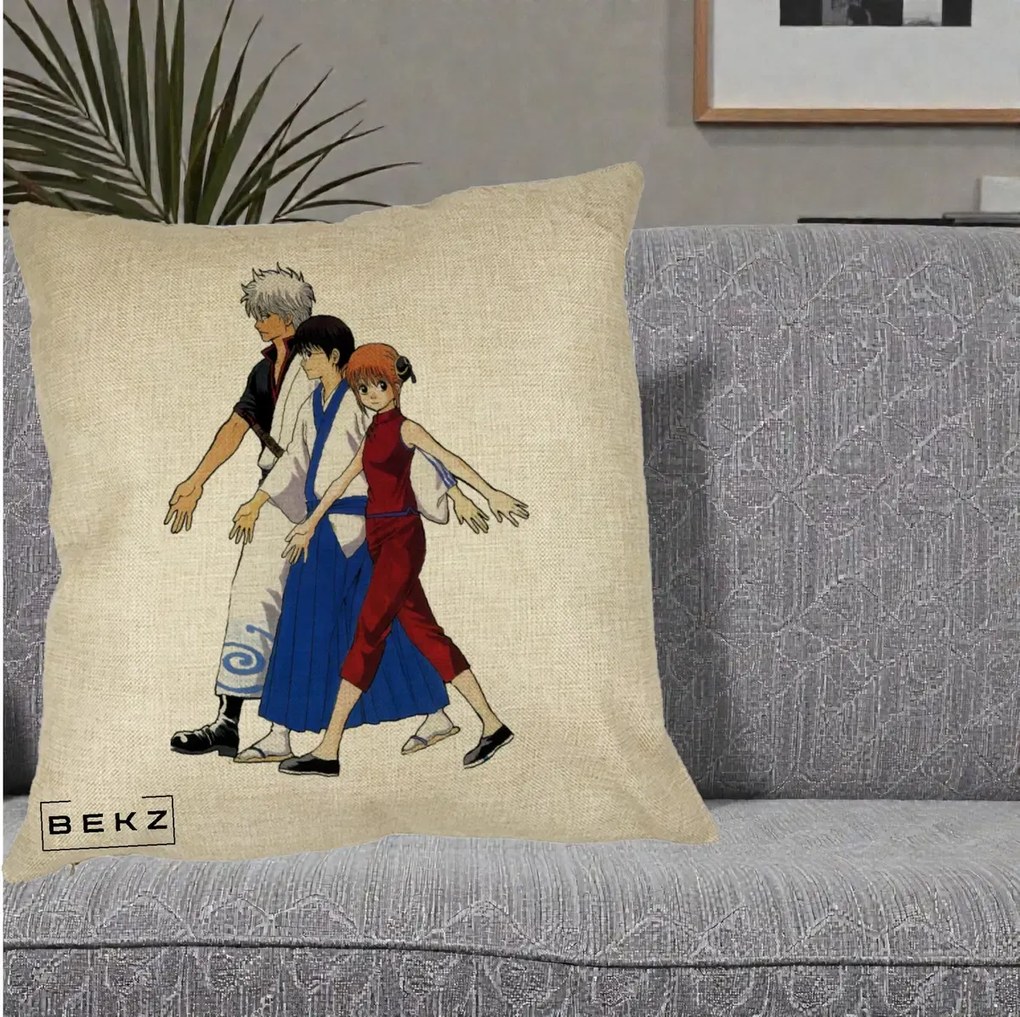 Perna Personalizata Gintama Trio Gintoki Shinpachi Kagura, 40x40 cm, Crem, Husa Detasabila, Perna Inclusa, BEKZ®