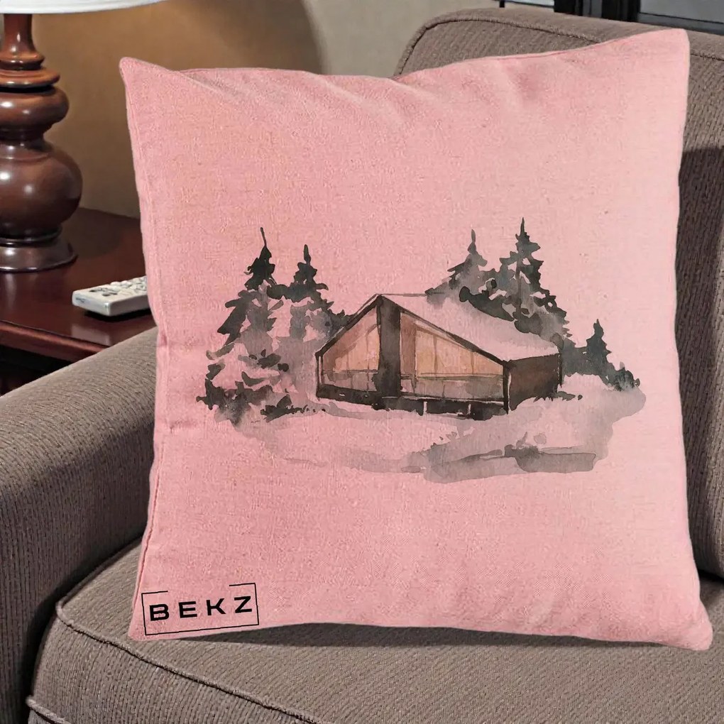 Perna Decorativa Cabana de Iarna in Padure, 40x40 cm, Roz, Husa Detasabila, Perna Inclusa, BEKZ®