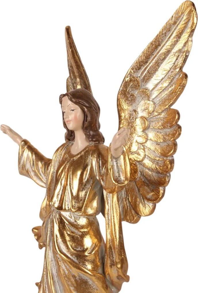 Statuetă decorativă din polirășină, crem, înger pe suport, detalii aurii, 50 x 21 x 12,5 cm, „Gabriel”