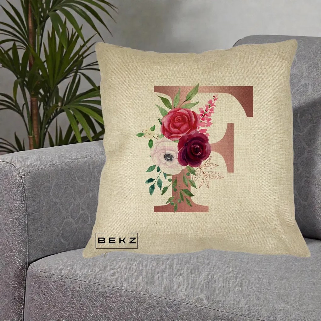 Cadou Personalizat - Perna Personalizata Monograma Rose Gold Litera F, 40x40 cm, Crem, Husa Detasabila, Perna Inclusa, BEKZ®