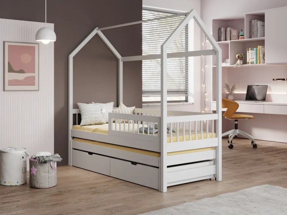 Pat pentru copii din lemn de pin cu sertare și spatiu pentru depozitare, Artes, ADRK Furniture (Culoare: Natural, Optiune modul: Fara saltea,