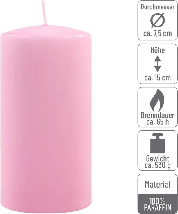 Set de lumânări pilon, 15 cm, Ø 7,5 cm, roz, 2 bucăți