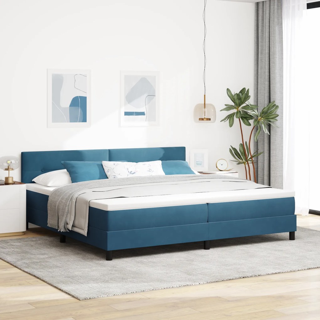 vidaXL Pat box spring cu saltea &amp;LED albastru închis 200x200cm catifea