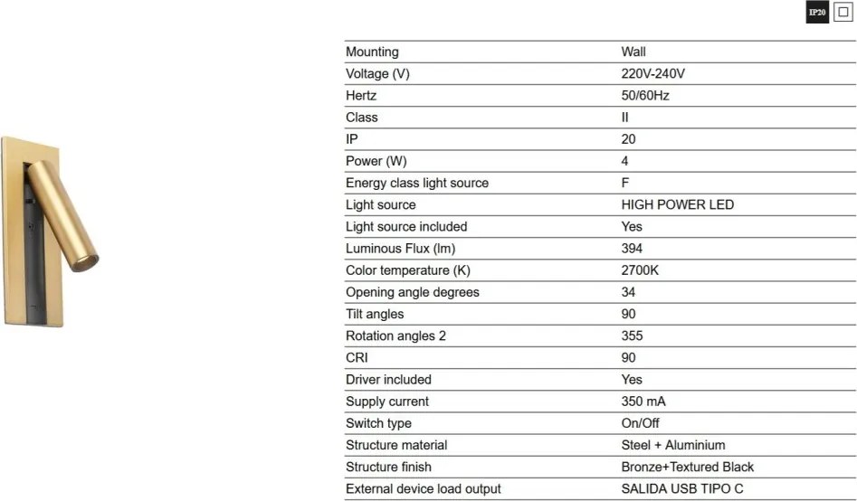 Aplica cu reader LED directionabil stil minimalist GABO USB C bronz