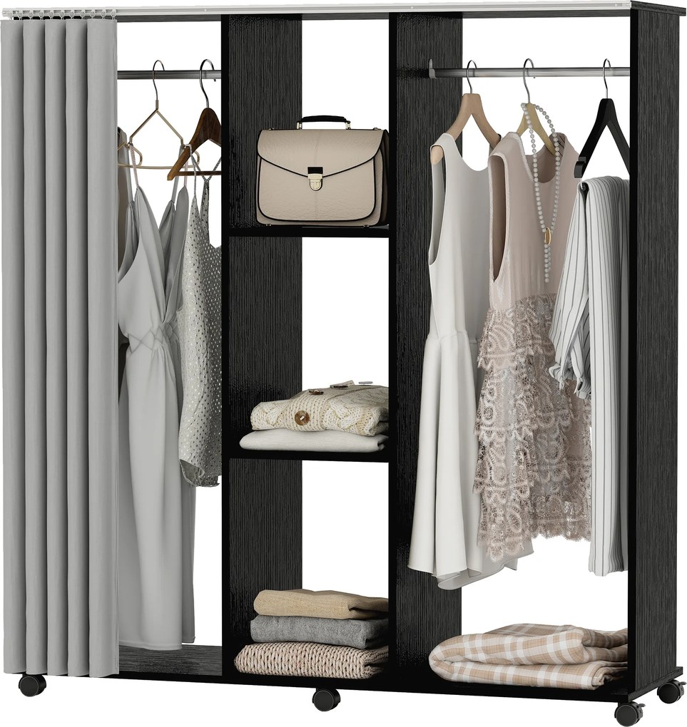HOMCOM Dulap-penderie mobilier de depozitare mobil cu 6 roți 120L x 40l x 128H cm Negru | Aosom Romania