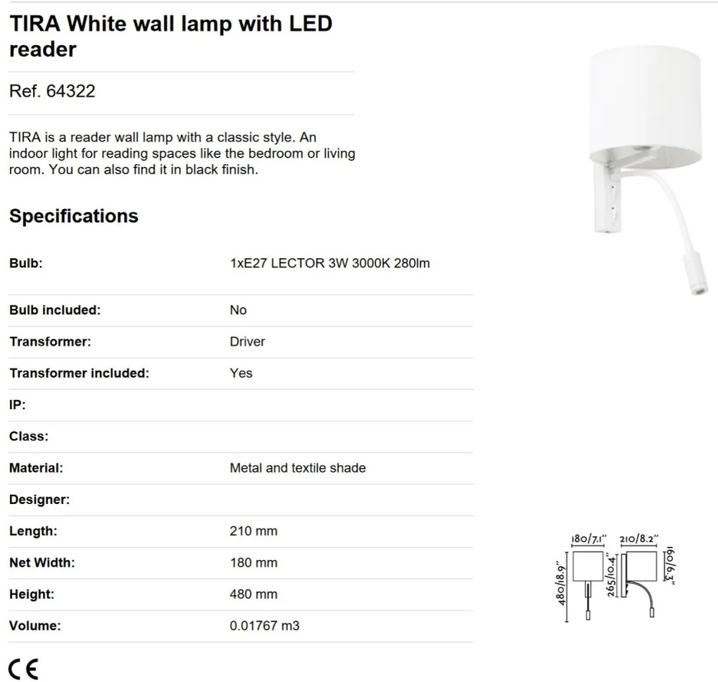 Aplica perete cu reader LED design modern TIRA alba