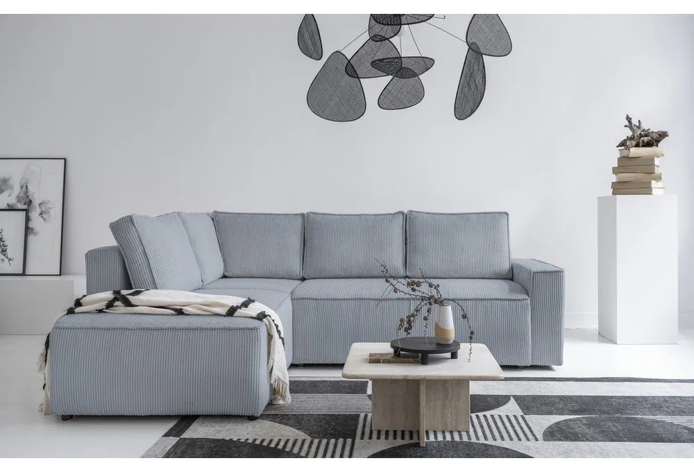 Colțar gri deschis extensibil cu tapițerie din catifea reiată (cu colț pe partea stângă ) Brave Dave – Miuform