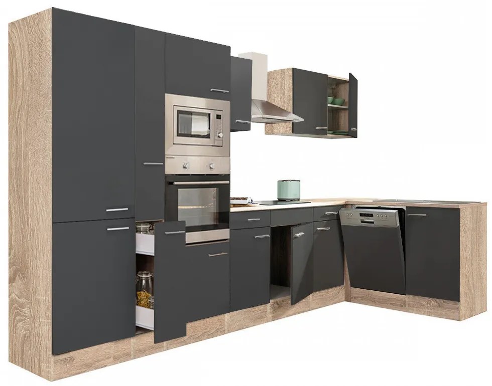 Mobilă de bucătărie de colț Yorki 370, corp din stejar sonoma, față antracit satinat, cu dulap cu raft