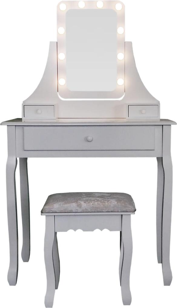 Set Eveline cu leduri, Masă de toaletă pentru machiaj cu oglindă iluminată LED, scaun, 3 sertare, Alb