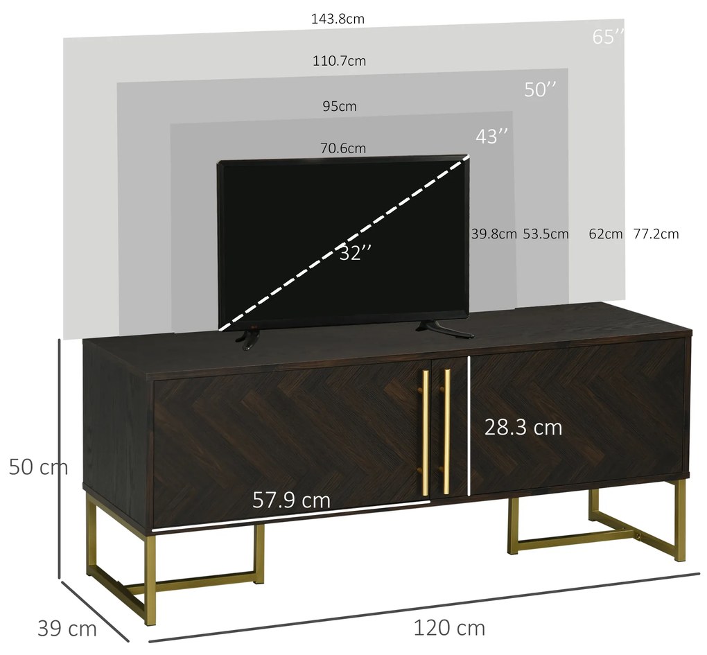 Dulap Suport TV Pana la 55" cu 2 Dulapioare, Mobila de Sufragerie din Lemn cu Picioare Metalice, 120x39x50 cm, Maro si Auriu HOMCOM | Aosom Romania