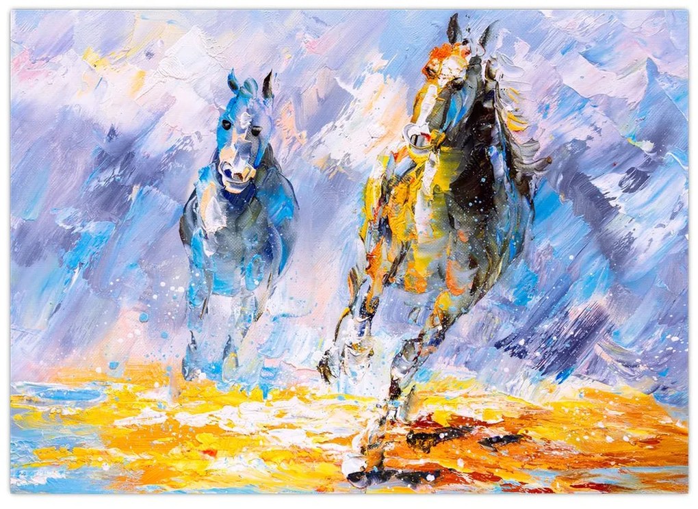 Tablou pe sticlă - Caii alergând, pictură în ulei (70x50 cm)