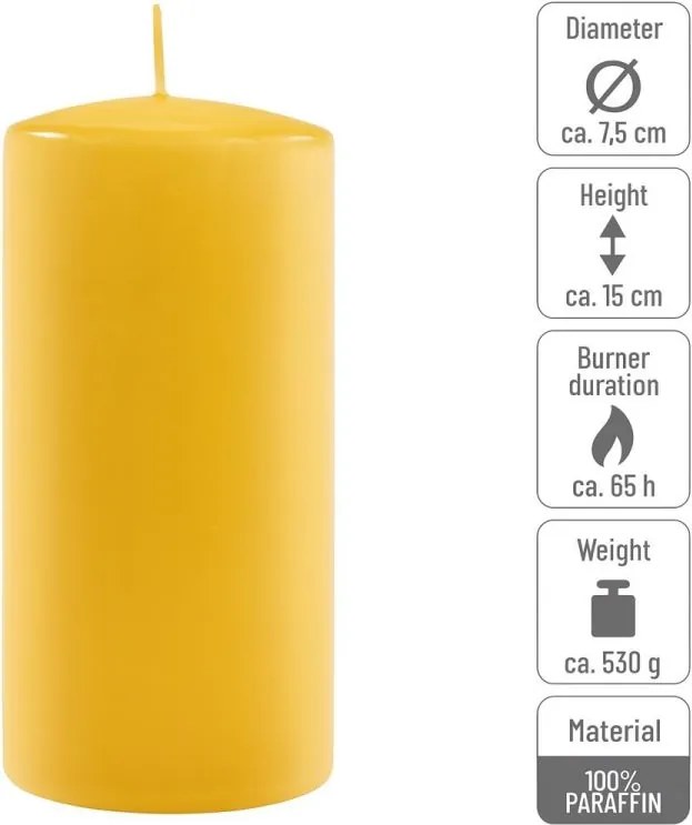 Set de lumânări tip stâlp, 15 cm, Ø 7,5 cm, galben, 4 buc