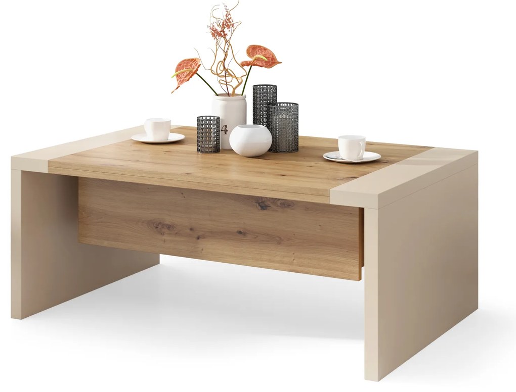 Mazzoni SPACE Stejar Artisan/Bej (Șampanie) - MĂSUȚĂ EXTENSIBILĂ CU RIDICAREA BLATULUI MĂSUȚĂ DE CAFEA