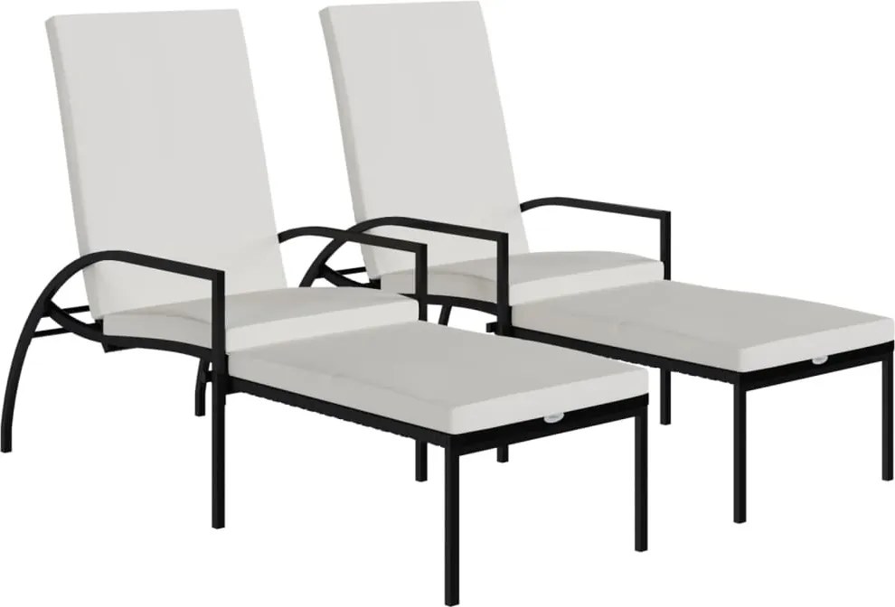 vidaXL Șezlonguri cu suport de picioare, 2 buc., negru, poliratan