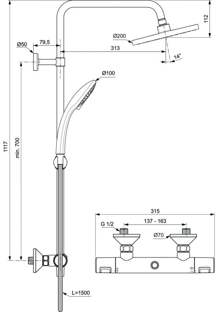 Coloana de dus cu baterie termostatata Ideal Standard Ceratherm T25 crom lucios