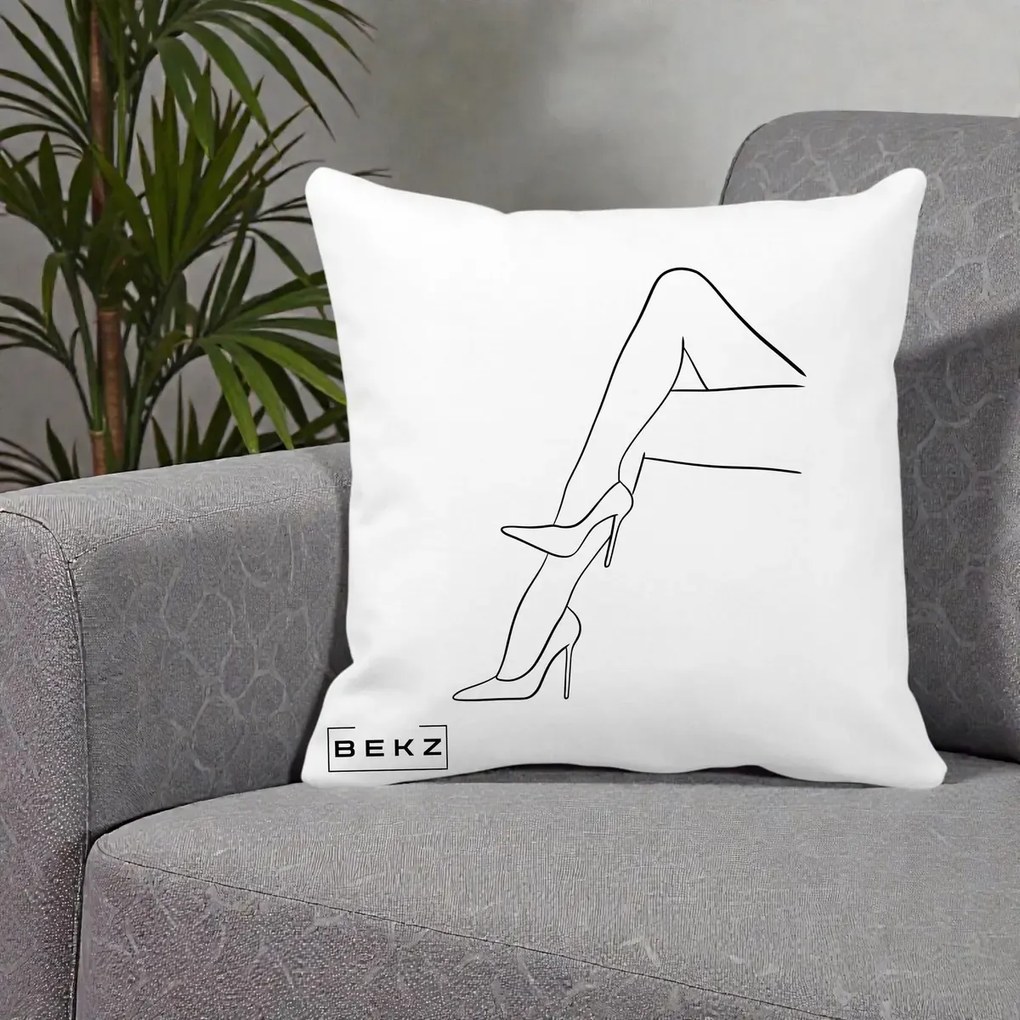 Perna Decorativa Picioare cu Tocuri Line Art, 40x40 cm, Alba Mata, Husa Detasabila, Perna Inclusa, BEKZ®