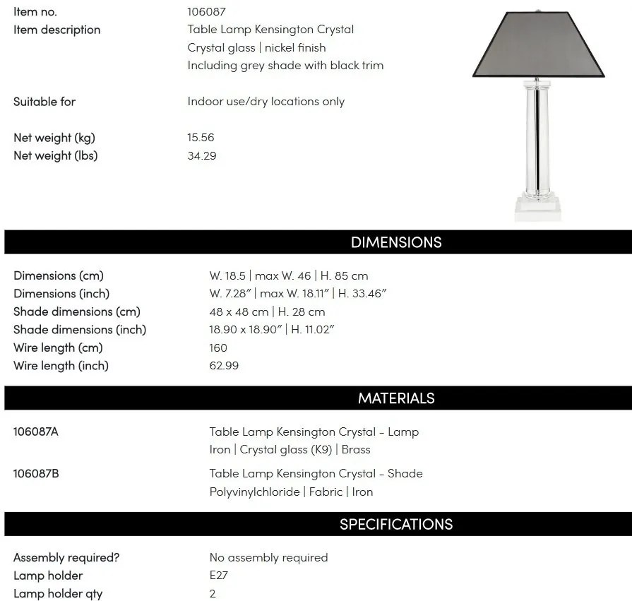 Veioza, lampa de masa LUX crystal glass, H-85cm, Kensington Crystal 106087 HZ