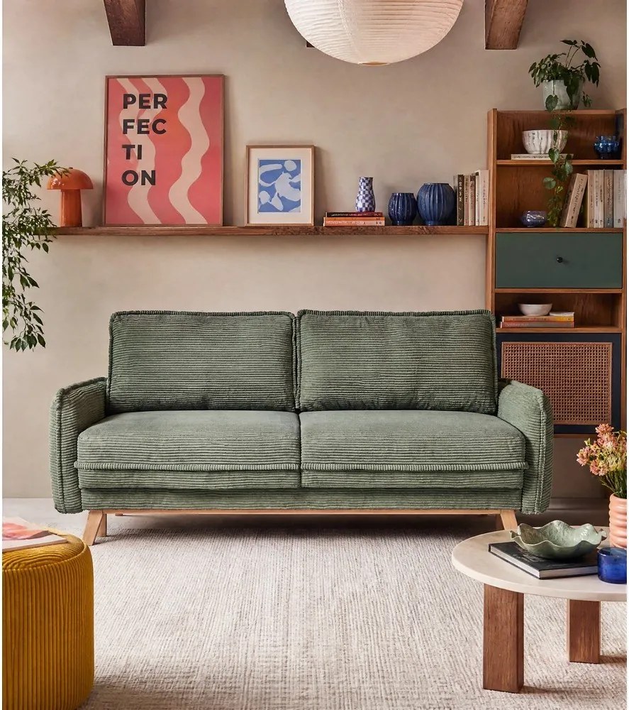 Canapea verde-deschis extensibilă cu tapițerie din catifea reiată 218 cm Tori – Bonami Selection
