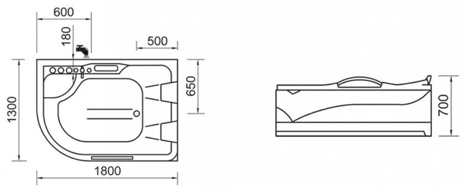 Cadă de baie cu hidromasaj asimetrică Dublo E-Max, dimensiune 180x130 cm, cu baterie