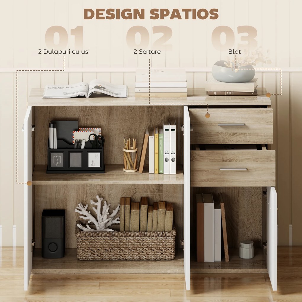 HOMCOM Comodă Modernă cu 3 Dulapuri și 2 Sertare din Lemn, Efect lemn | Aosom Romania