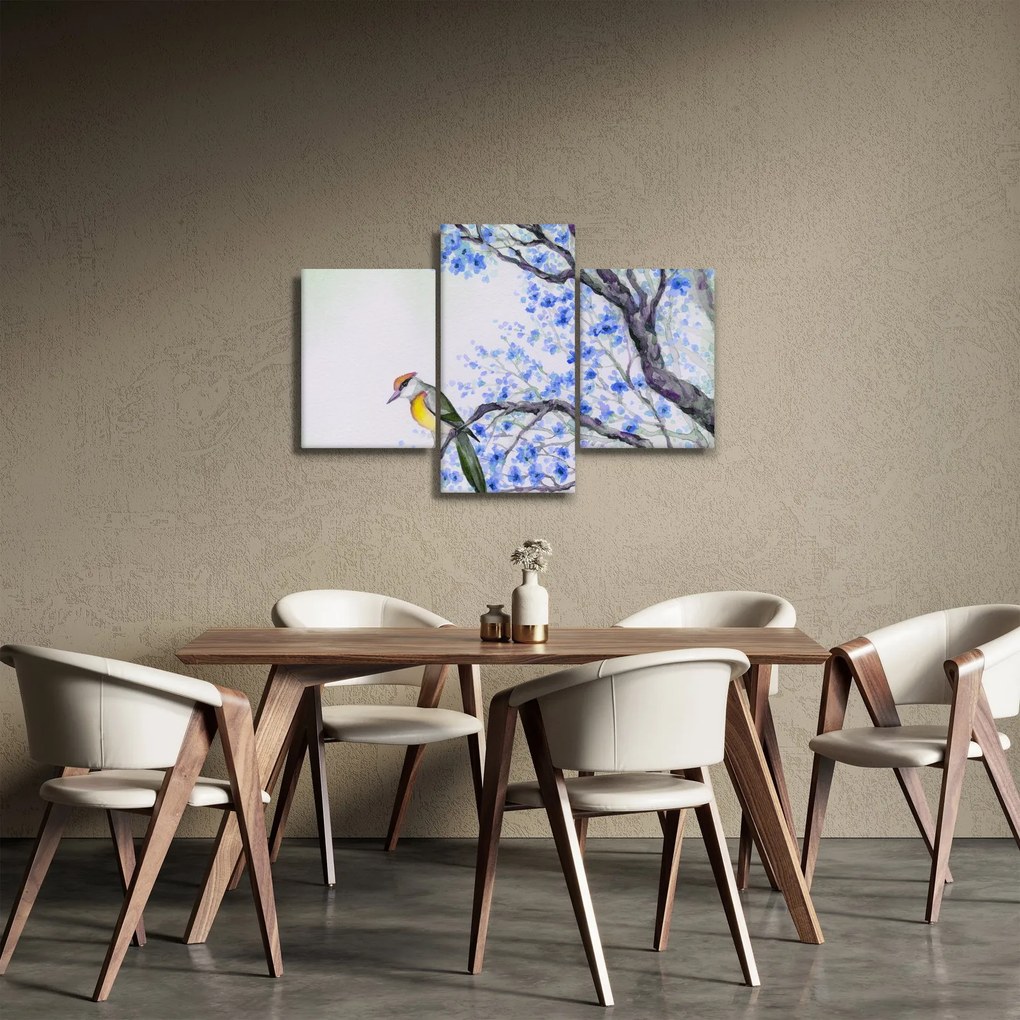 Tablou - Pasăre pe un copac cu flori albastre (90x60 cm)