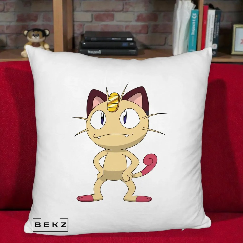 Perna Personalizata Meowth Pokemon, 40x40 cm, Alb Pufos, Husa Detasabila, Perna Inclusa, BEKZ®