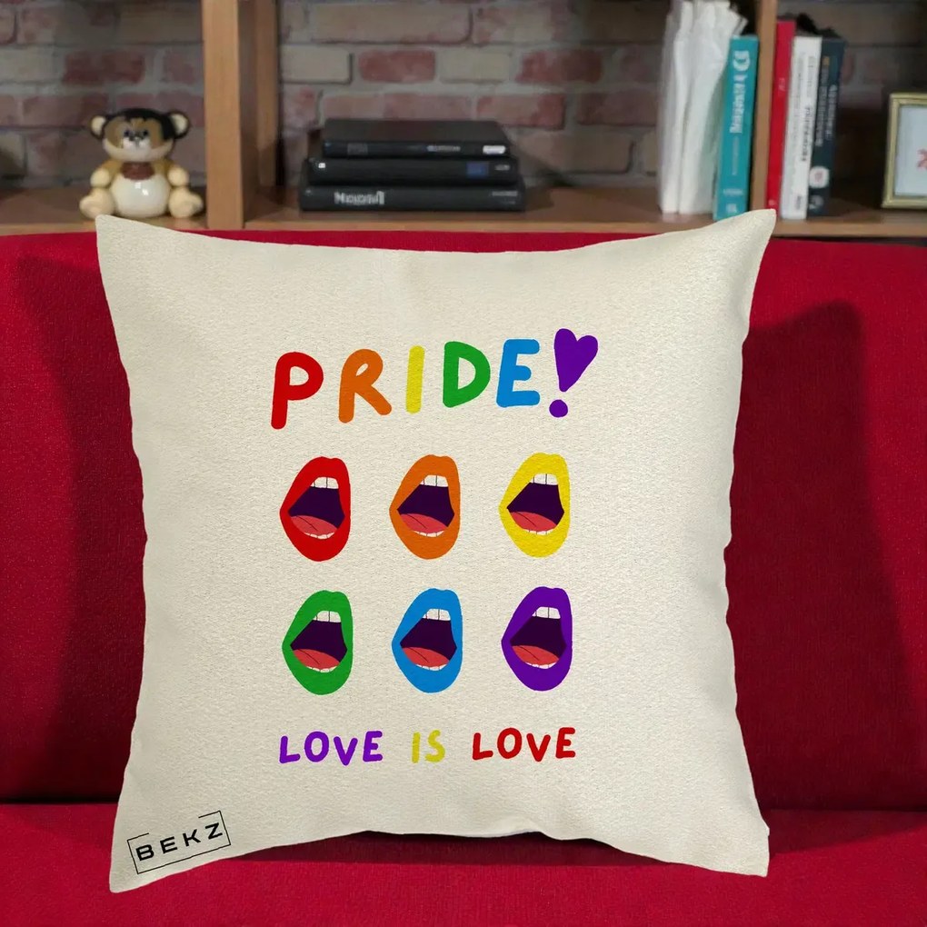 Perna Personalizata Pride Love is Love Curcubeu, 40x40 cm, Ecru, Husa Detasabila, Perna Inclusa, BEKZ®