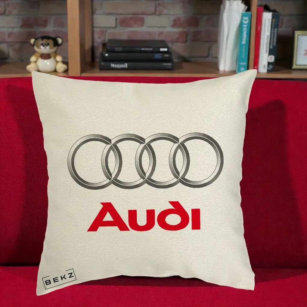 Perna Personalizata cu emblema Audi, 40x40 cm, Ecru, Husa Detasabila, Perna Inclusa, BEKZ®