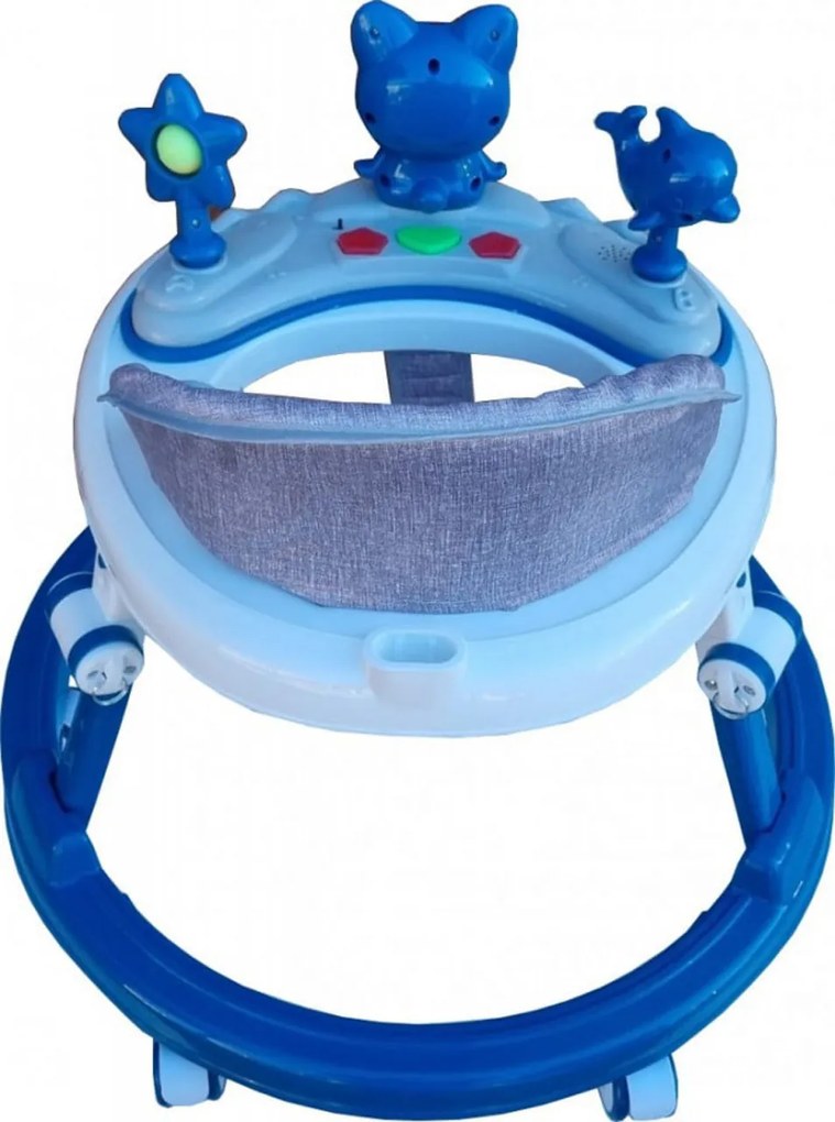 Premergator reglabil in 6 trepte de inaltime NOVOKIDS™ Happy Kitty, Cu melodii, Pliabil, Max 20 kg, Roti silentioase, Model Pisicuta, Albastru