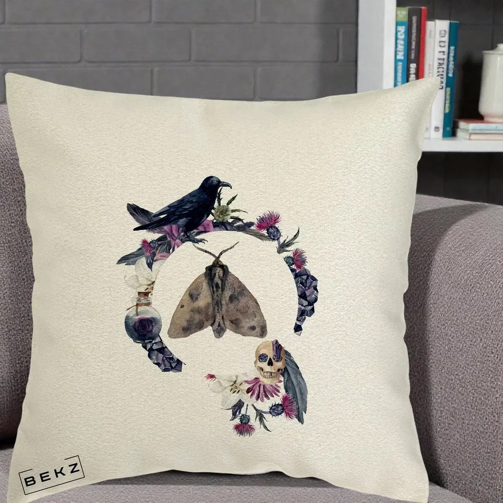 Perna Decorativa Gothic Wreath Corb Moliu Craniu, 40x40 cm, Ecru, Husa Detasabila, Perna Inclusa, BEKZ®