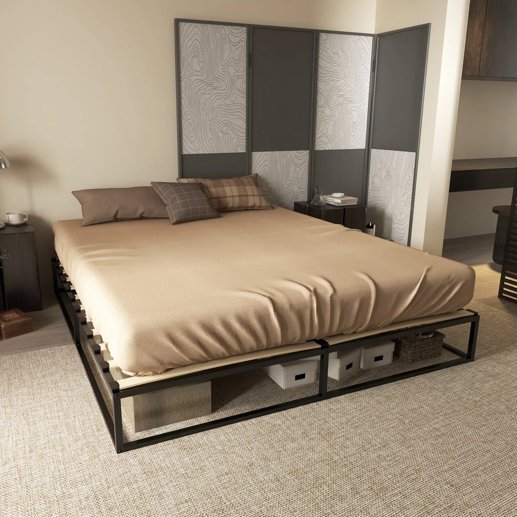 HOMCOM Cadru de pat de 180 cm Structură de pat din oțel cu somier și lamele din placaj 180x200x25 cm Negru | Aosom Romania