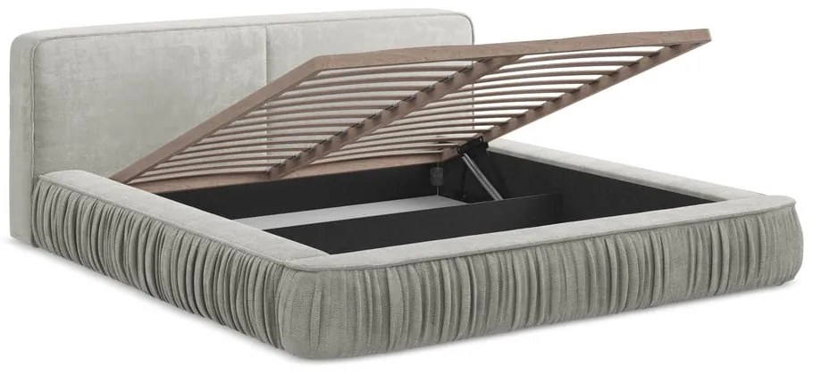 Pat dublu tapițat gri deschis cu spațiu de depozitare cu grilă 180x200 cm Keoni - Makamii
