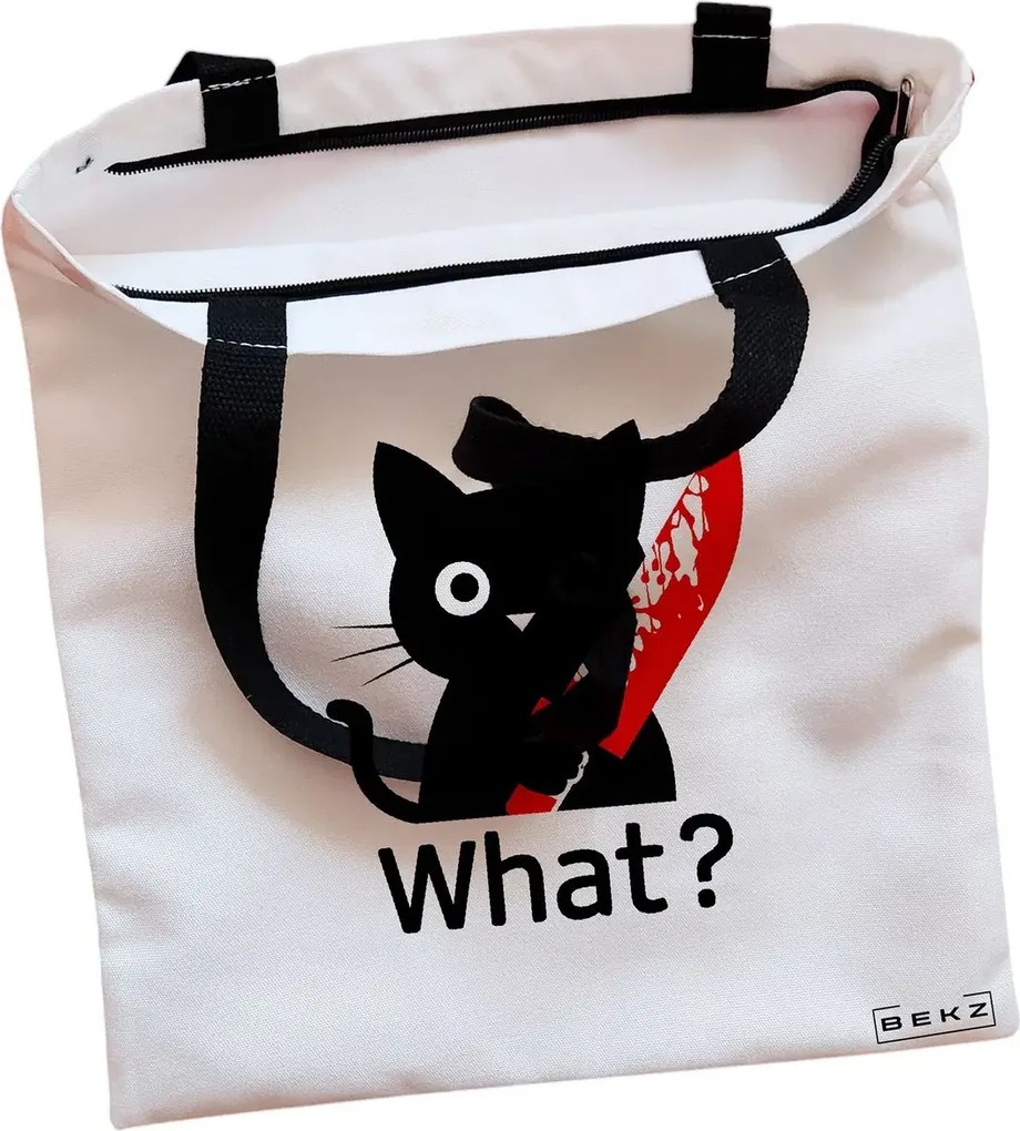 Sacosa de Panza pentru Cumparaturi, Geanta Tote, model Funny Black Cat, Cu fermoar, 38x34.5 cm, Alba, BEKZ®