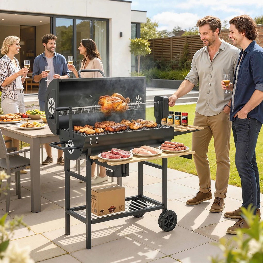 Outsunny Grătar pe cărbuni cu căruț de gătit, etajere pliabile, termometru, roți, rotisor electric, negru | Aosom Romania