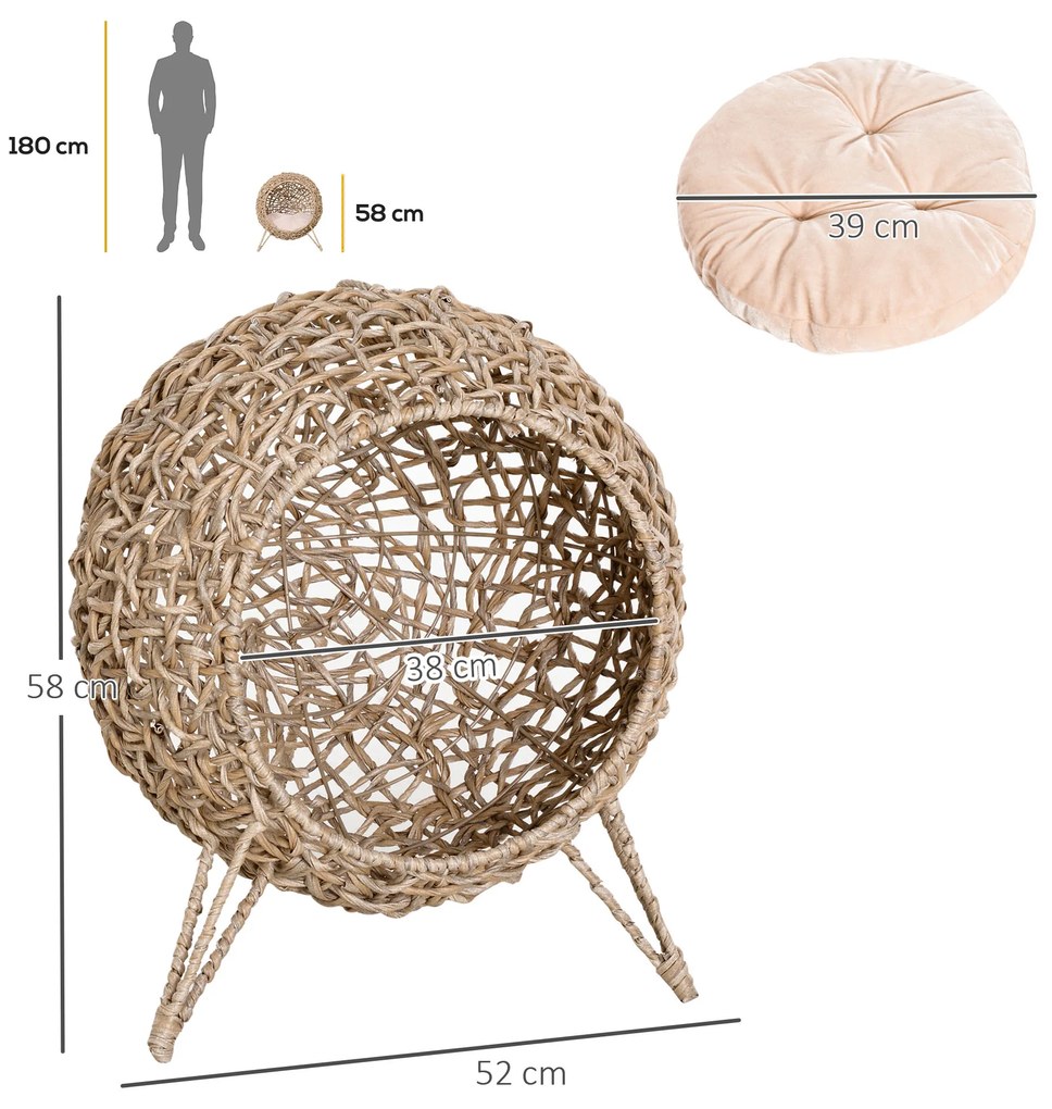 Pat pentru Pisici PawHut din Nuiele Maro Deschis cu Perna Φ52 x 58cm | Aosom Romania